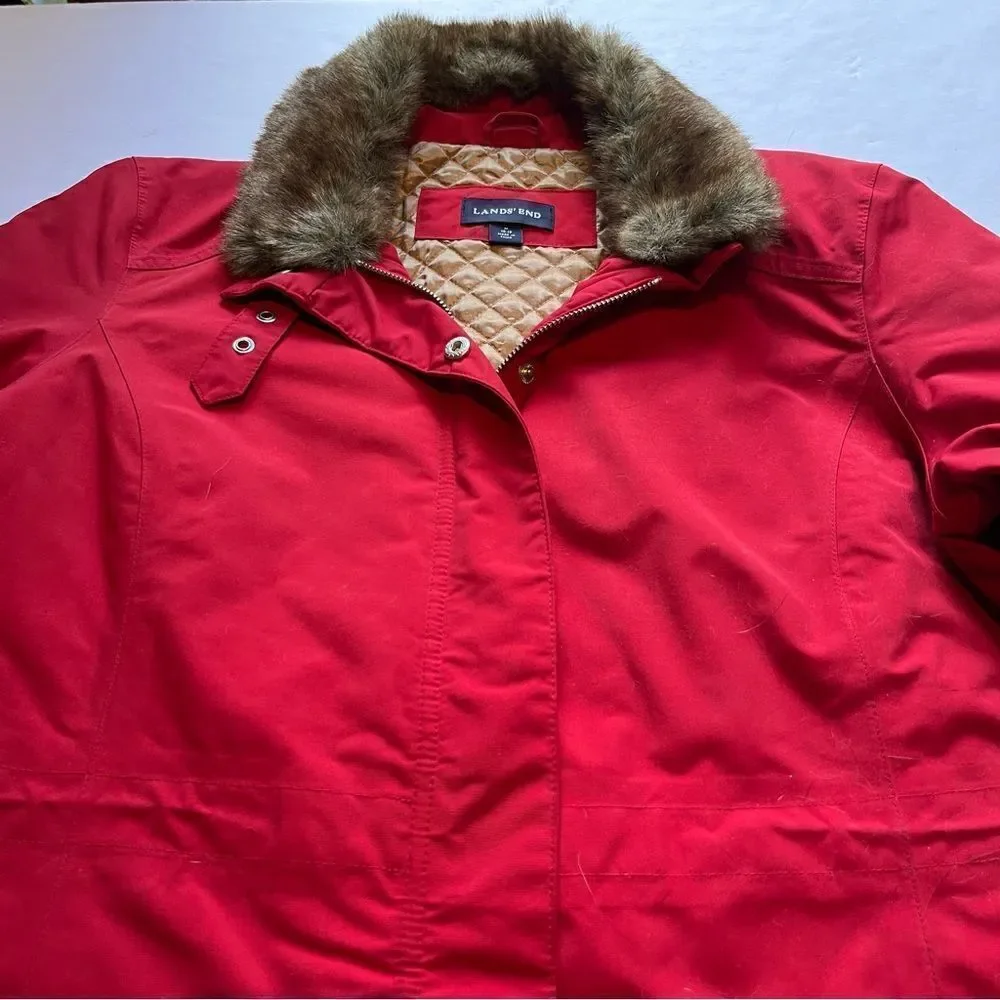 Lands' End Women's Red Winter Coat with Faux Fur Collar Lined Size M(10-12)